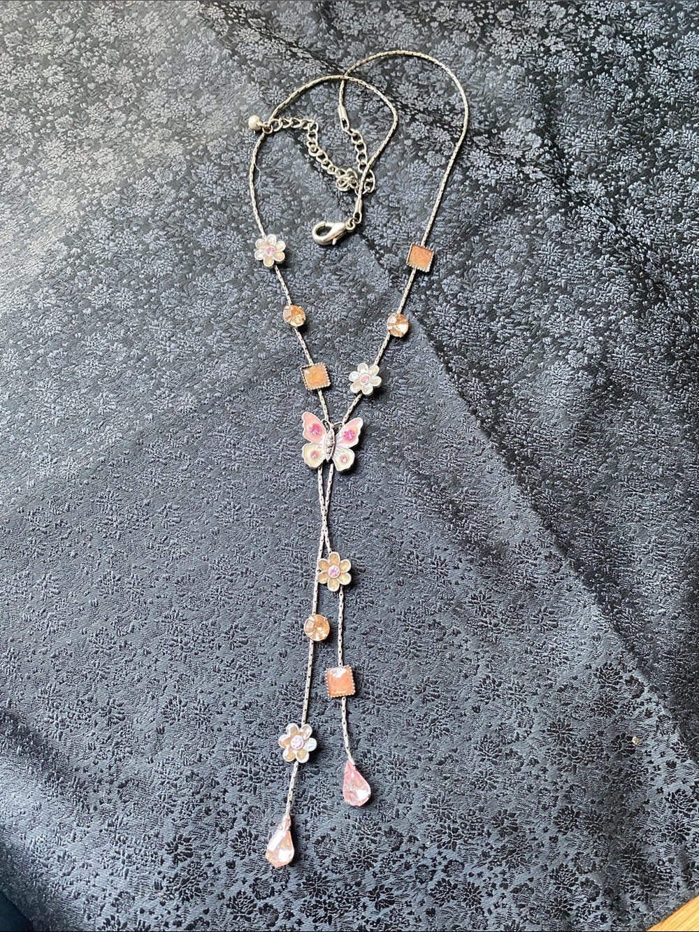 Vintage Enamel Gemstone Pink Butterfly Flowers Teardrop Crystal Lariat Necklace